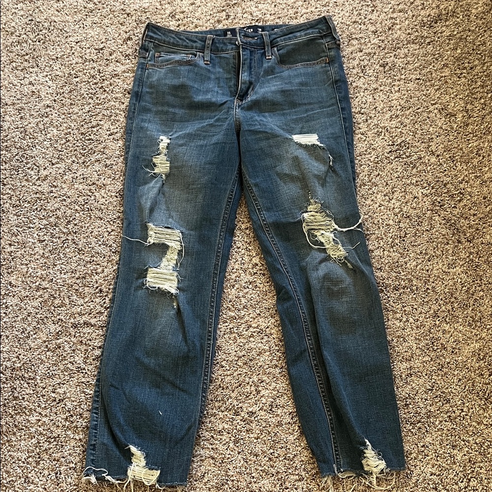 Hollister Women's Distressed Straight Leg Jeans - Dark Blue